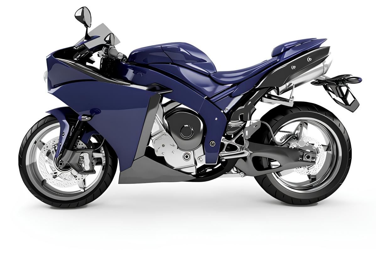 Dunkelblaue Sportmotorrad mit aerodynamischem Design und silbernen Felgen auf weißem Hintergrund.